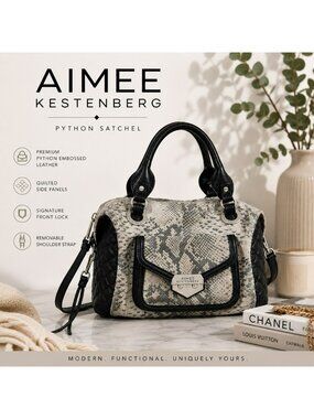 Aimee Kestenberg Snake Print & Black Leather Handbag With Quilted Sides & Silver